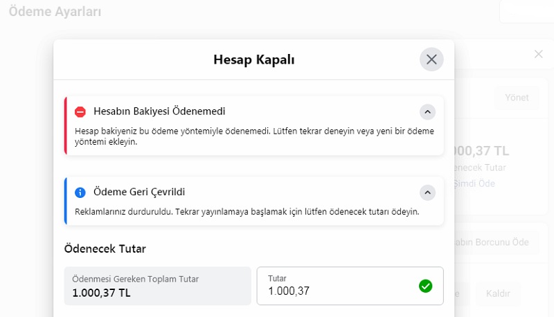 instagram ödeme sorunu